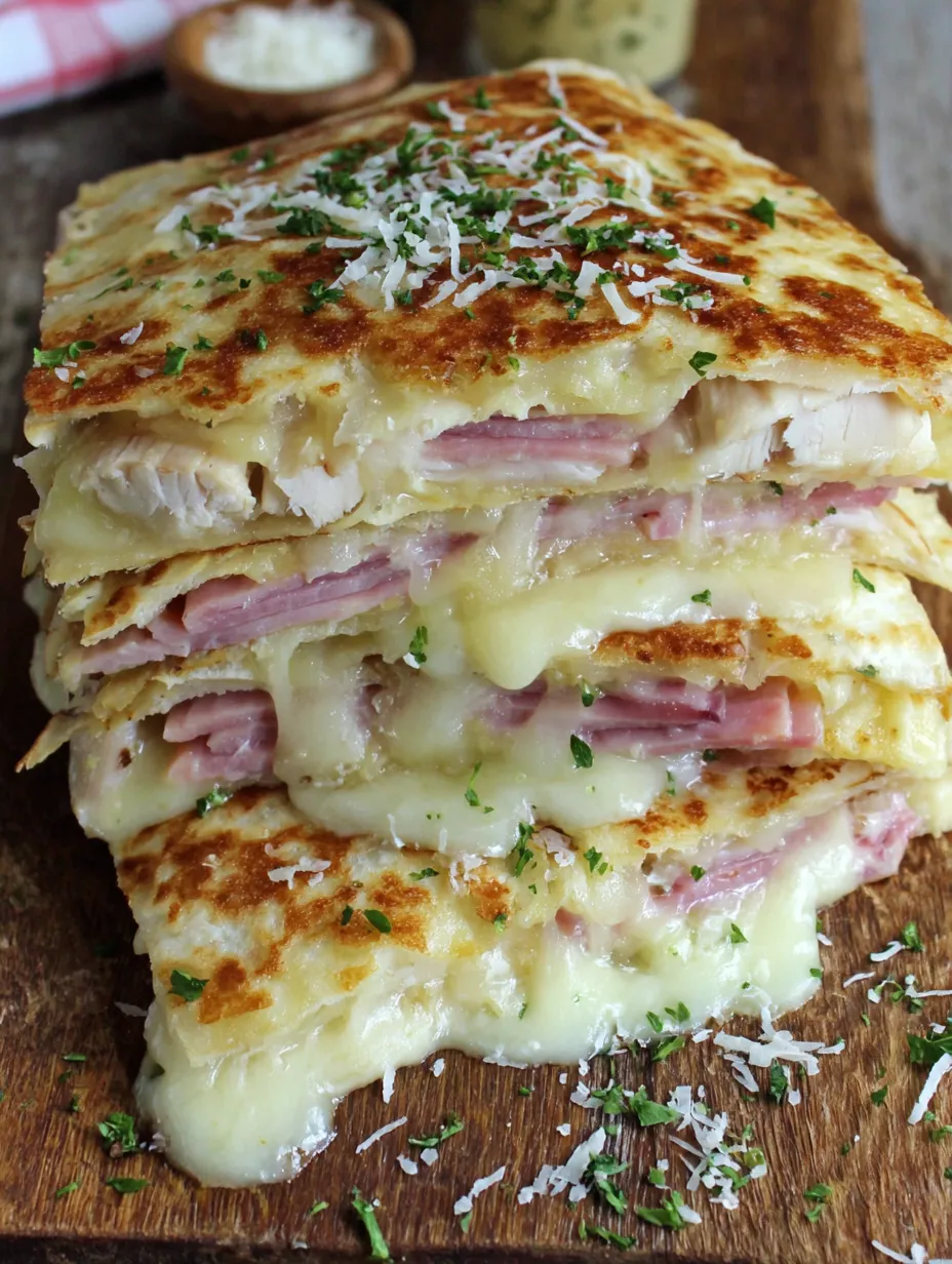 A stack of chicken cordon bleu quesadillas.