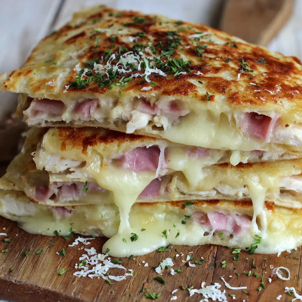A stack of chicken cordon bleu quesadillas.