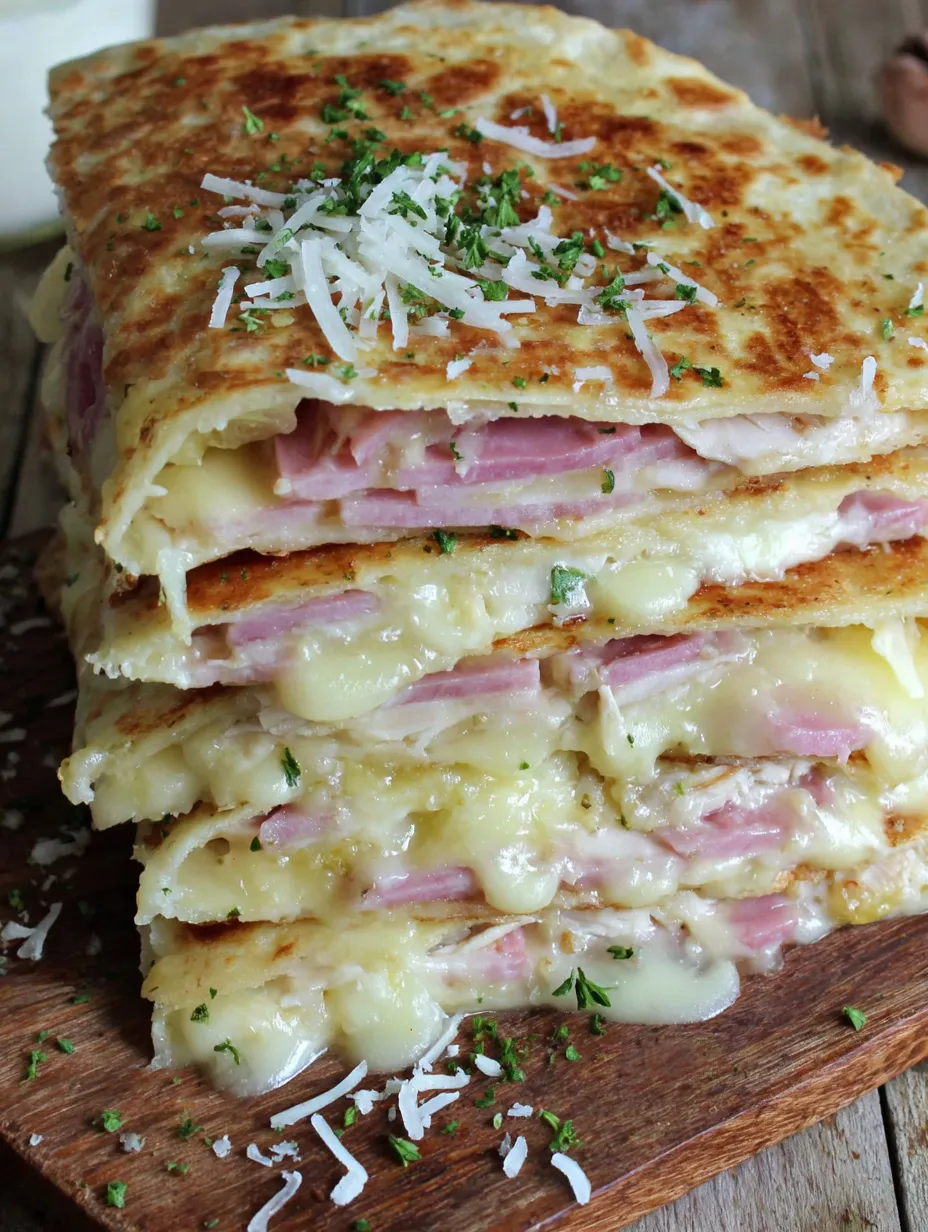 A stack of chicken cordon bleu quesadillas.