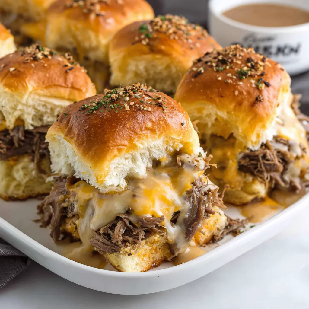 A plate of roast beef sliders with hawaiian rolls.