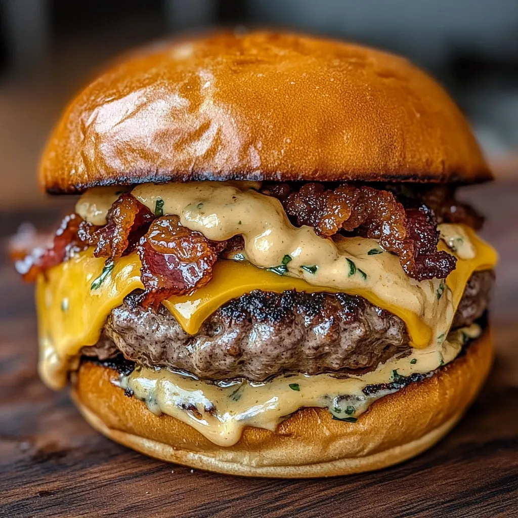 A close up of a bacon cheeseburger.