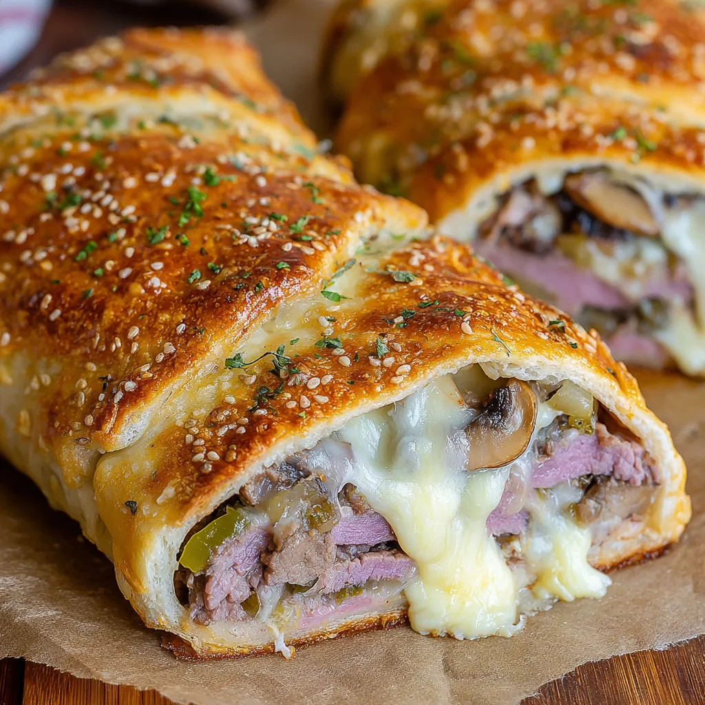 A cheesesteak stromboli with mushrooms and cheese.