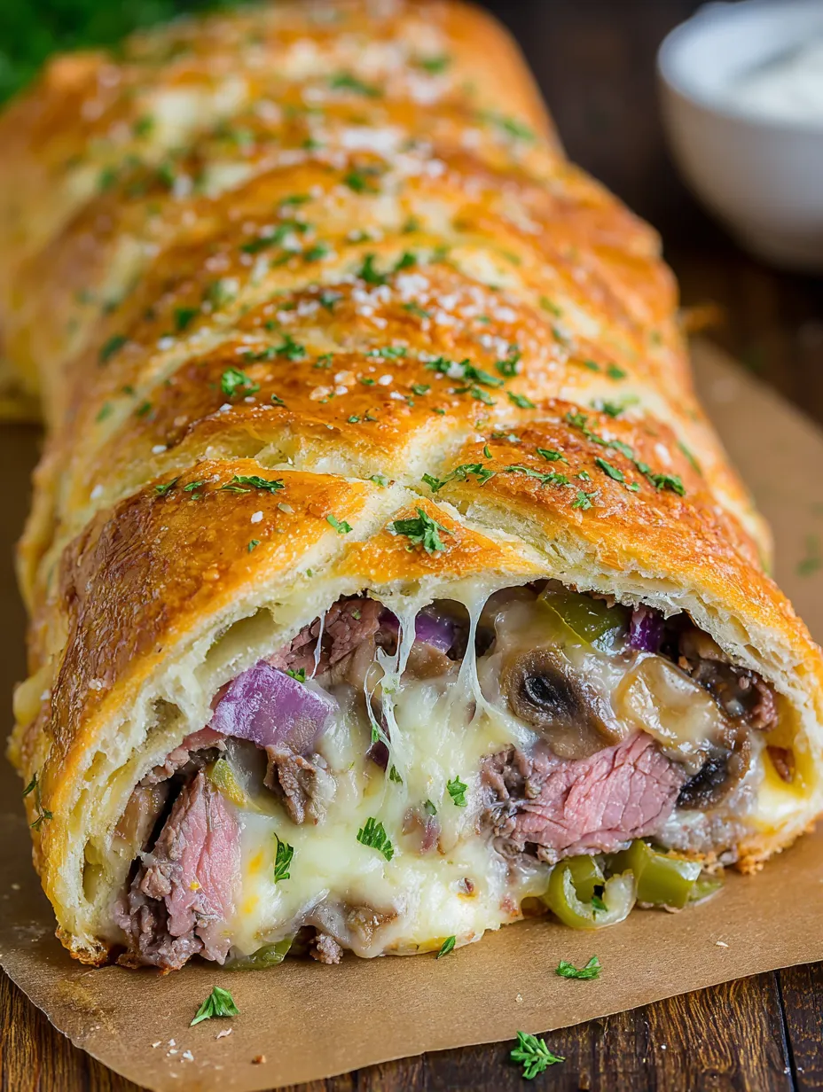 A cheesesteak stromboli with mushrooms and onions.