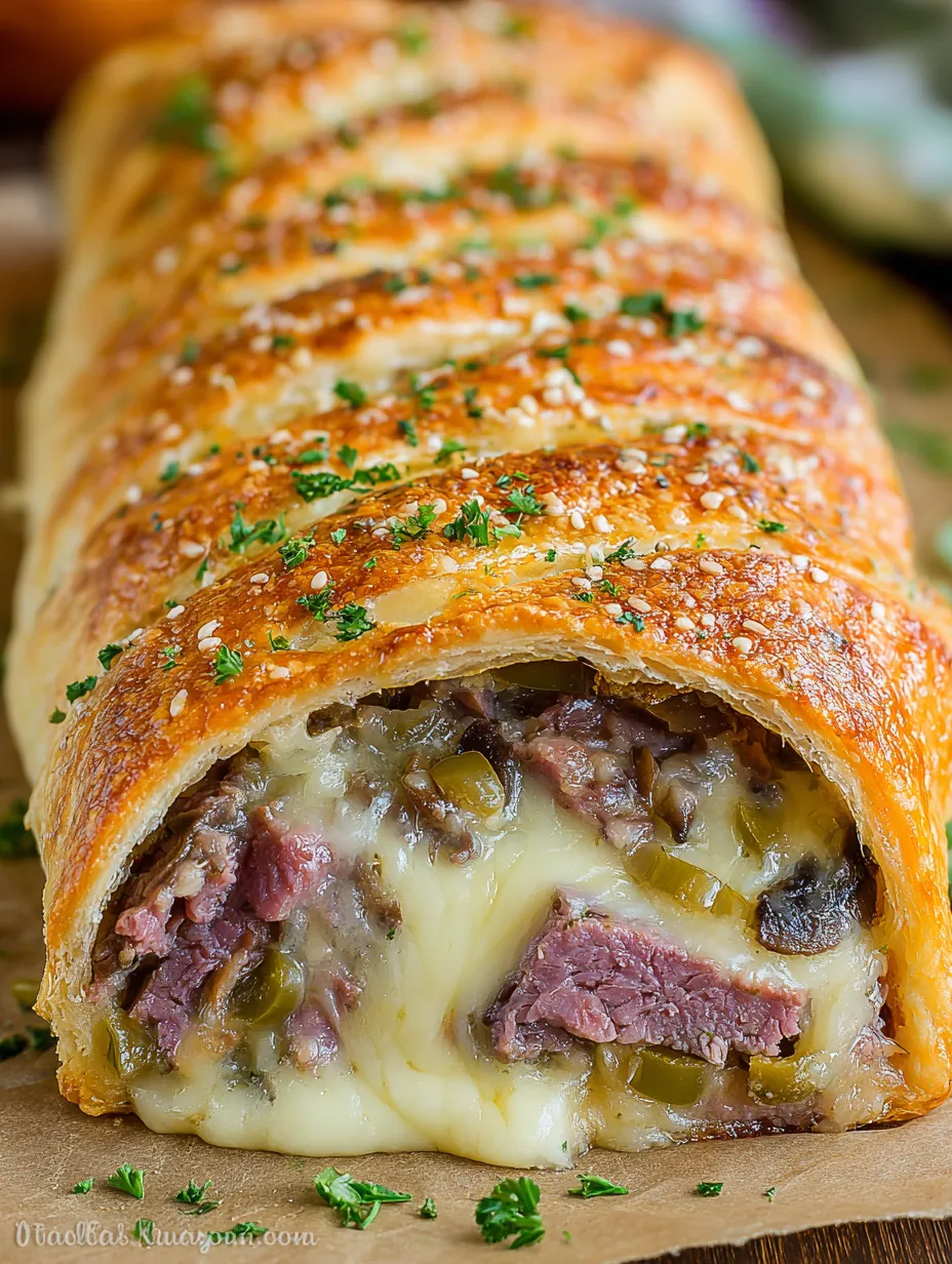 A cheesesteak stromboli is sliced and ready to be eaten.