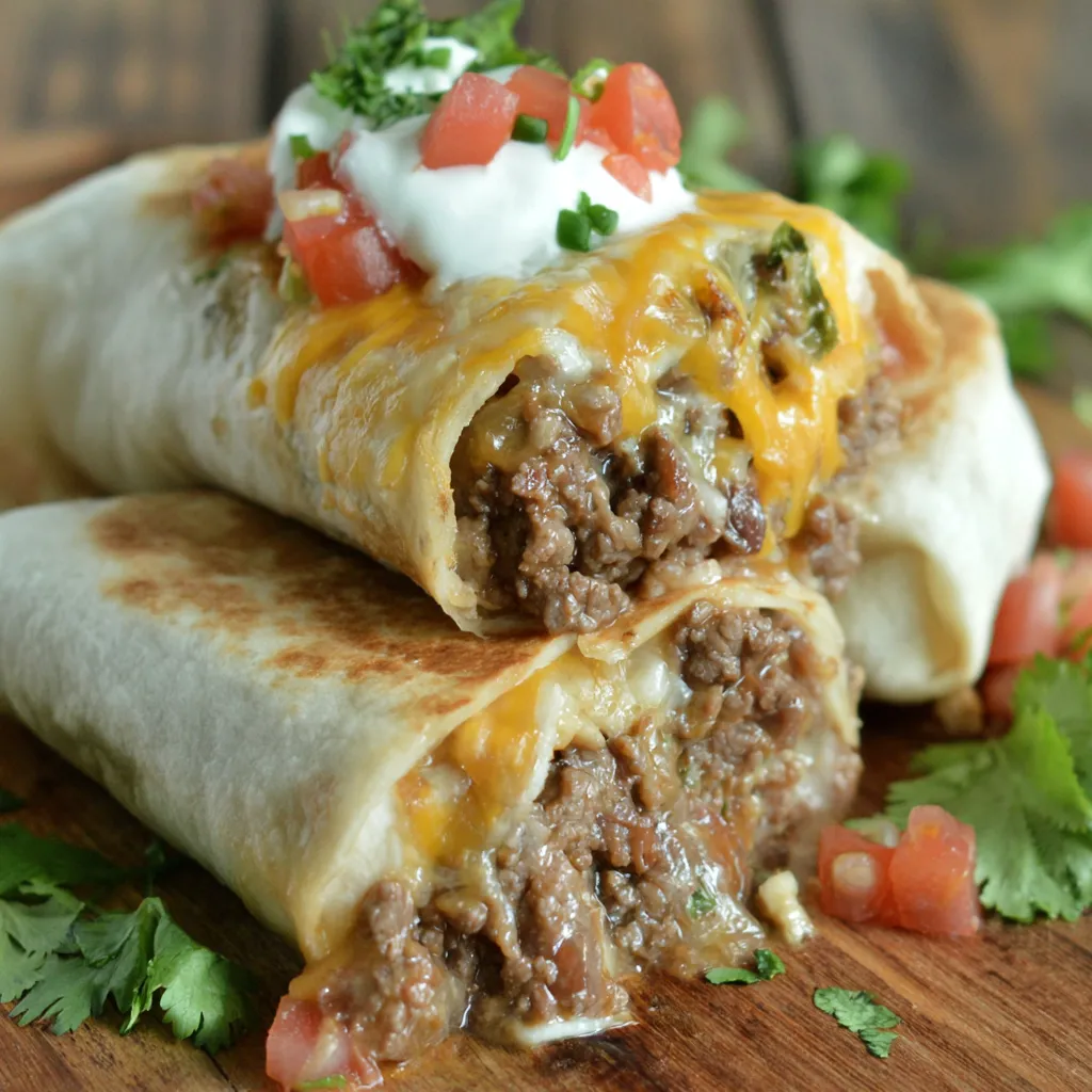 A burrito with meat and tomatoes on a table.
