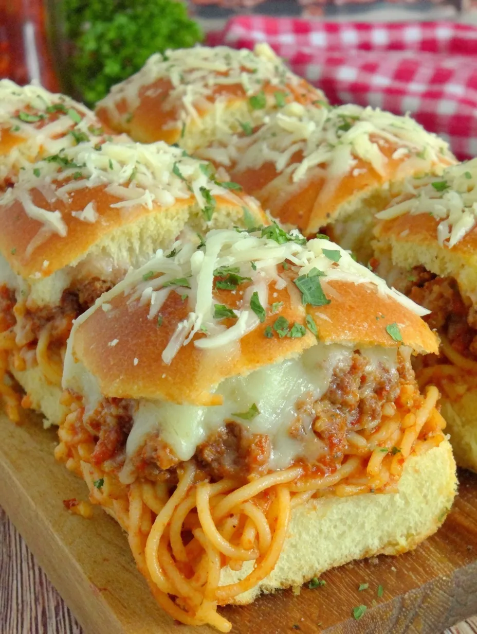 A plate of spaghetti sliders with cheese and sauce.