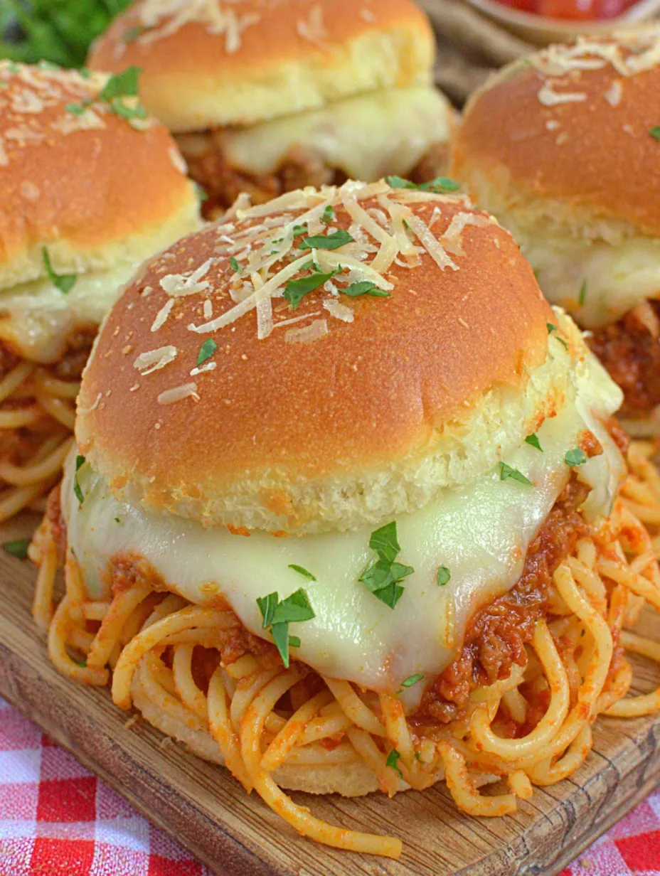 A plate of spaghetti sliders with cheese and meat.