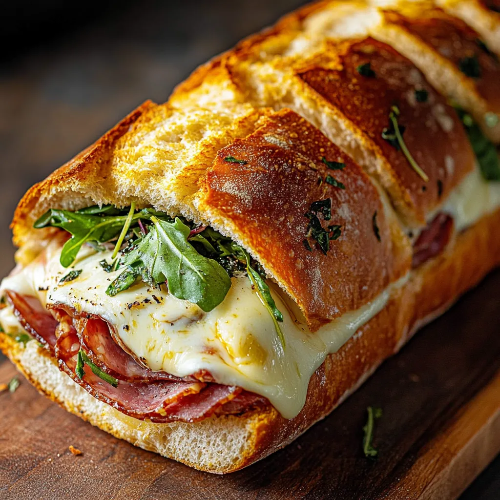 A sandwich with meat and cheese on a wooden table.
