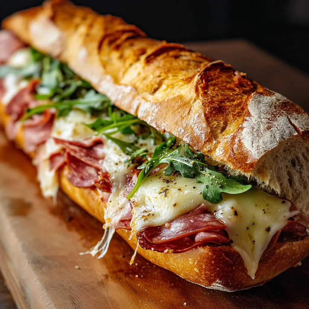 A sandwich with meat and cheese on a wooden table.