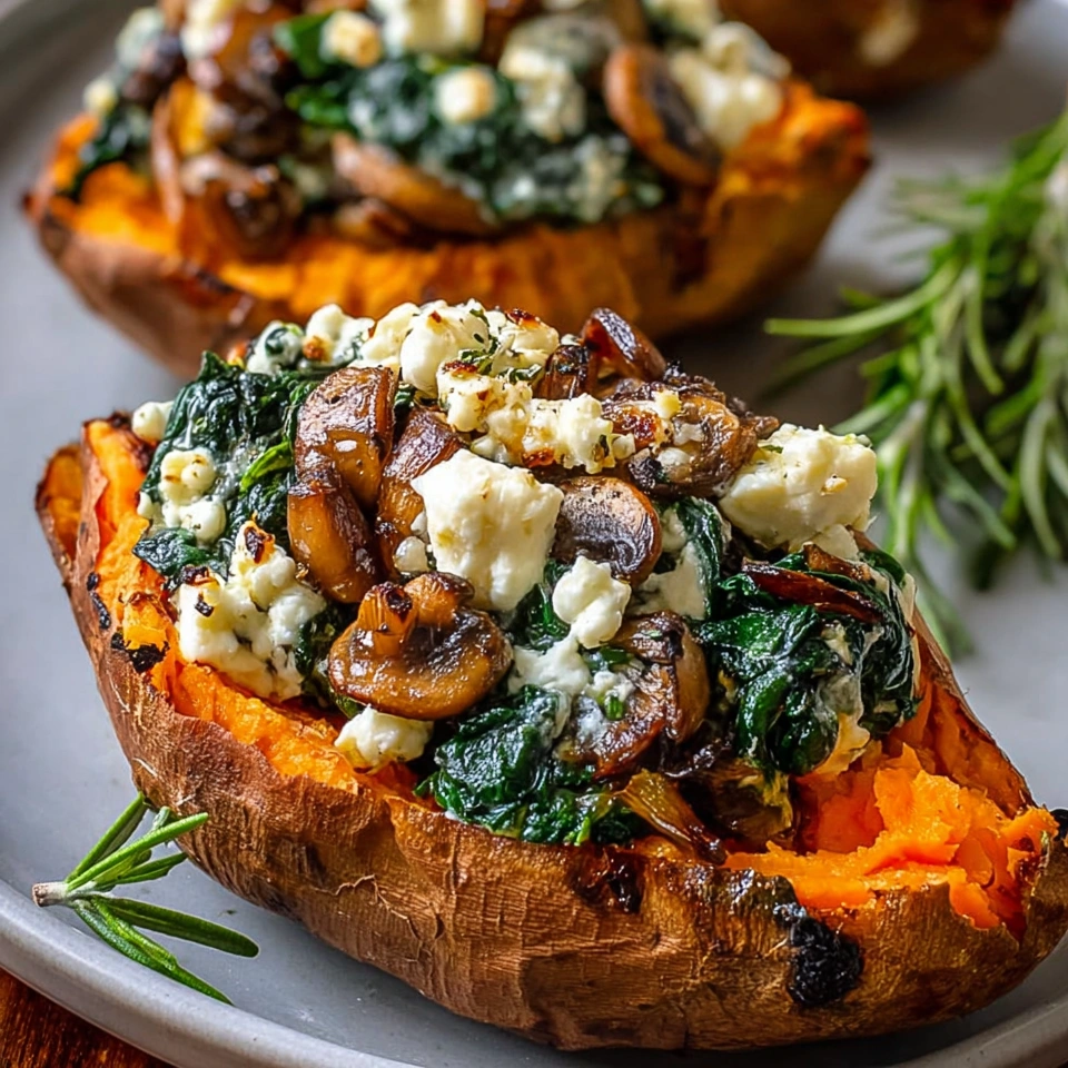 Two stuffed sweet potatoes with spinach and feta cheese.
