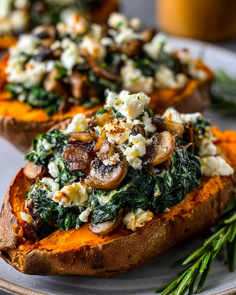 Two sweet potatoes filled with spinach and feta cheese.