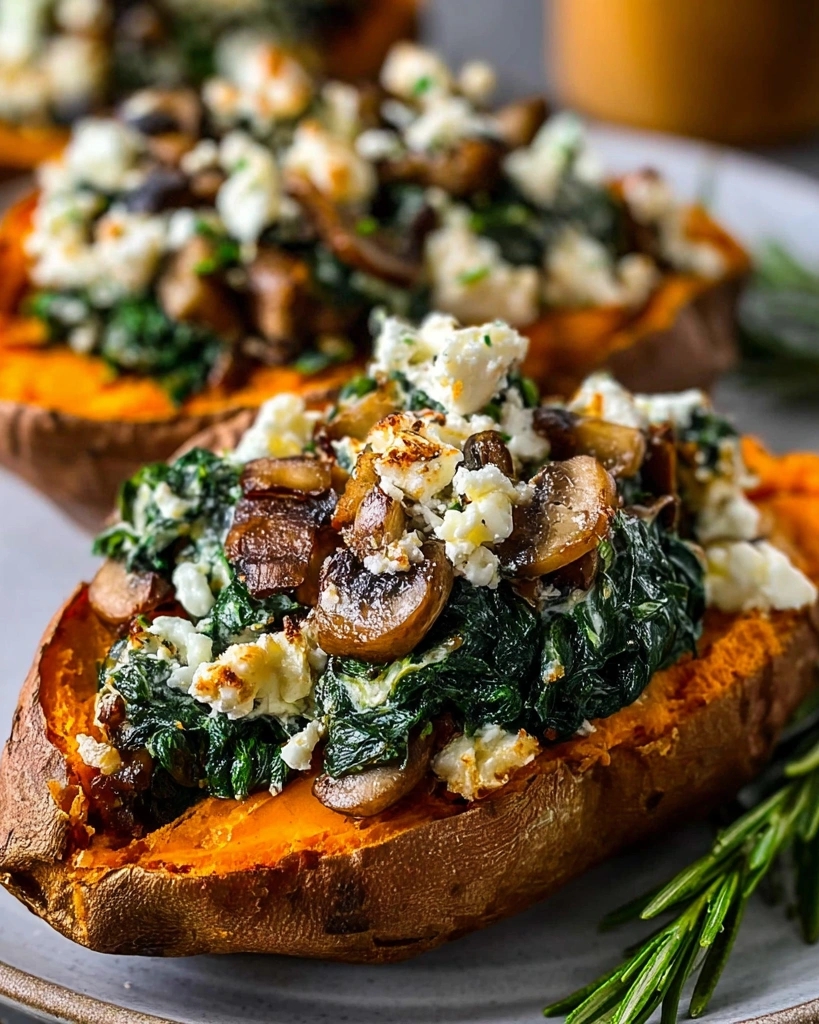 Two sweet potatoes filled with spinach and feta cheese.