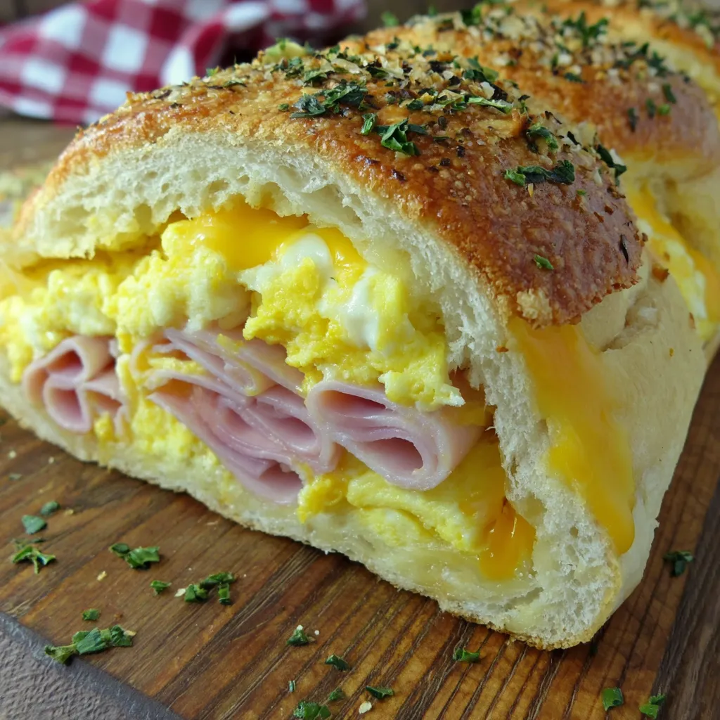 A breakfast sandwich with ham, egg, and cheese.