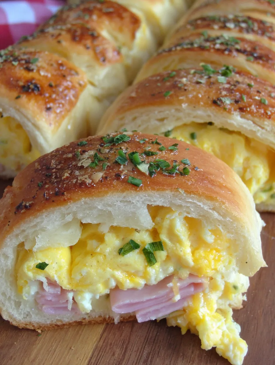 A breakfast roll with ham, egg, and cheese.
