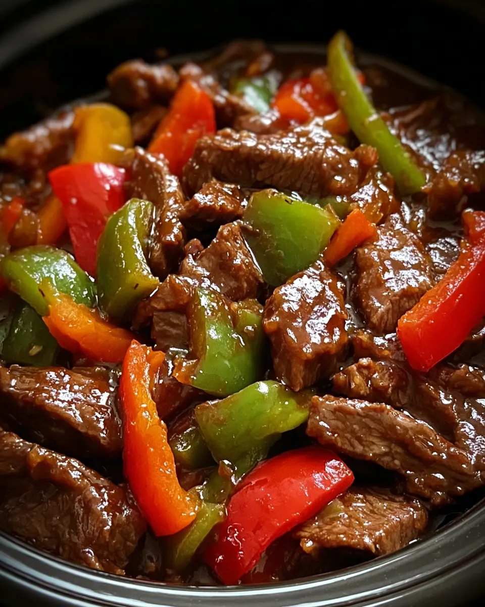 A close up of a delicious pepper steak in a crock pot.