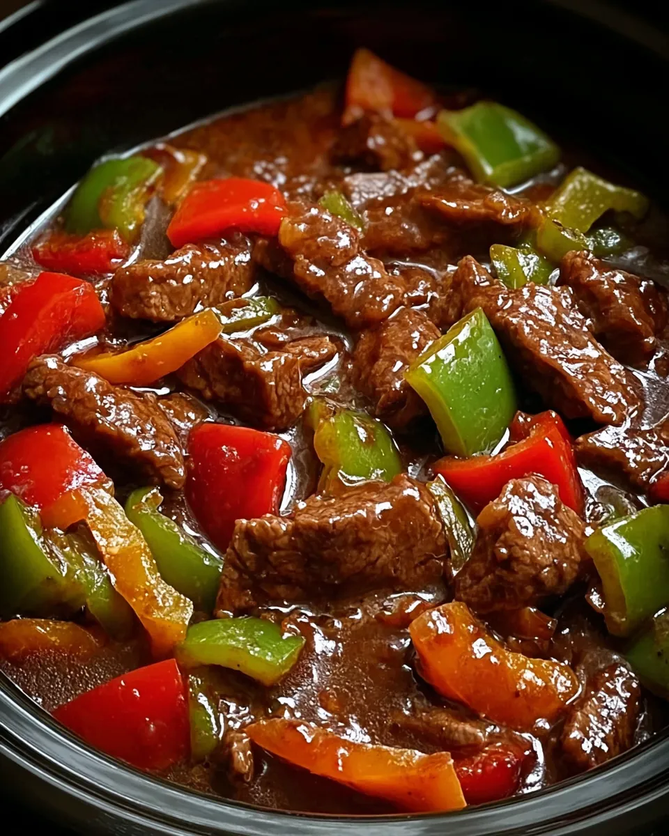 A close up of a delicious pepper steak in a crock pot.