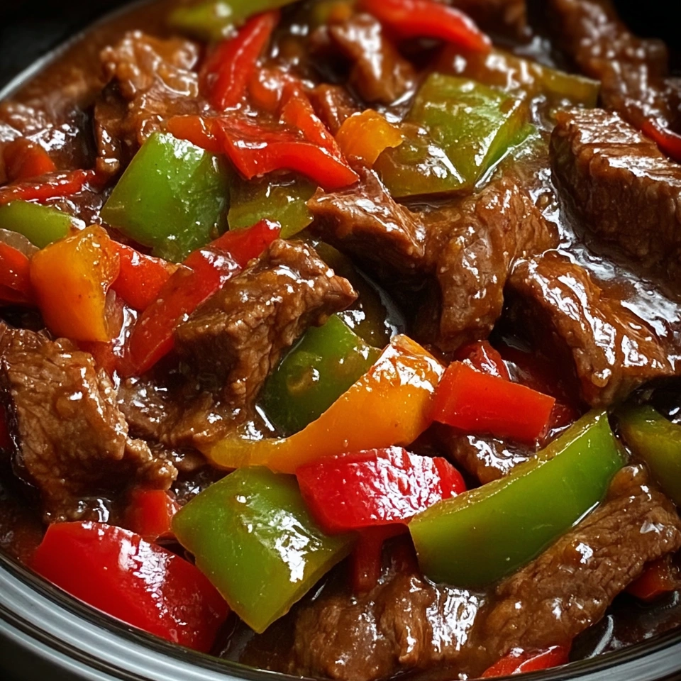 A close up of a delicious pepper steak in a crock pot.