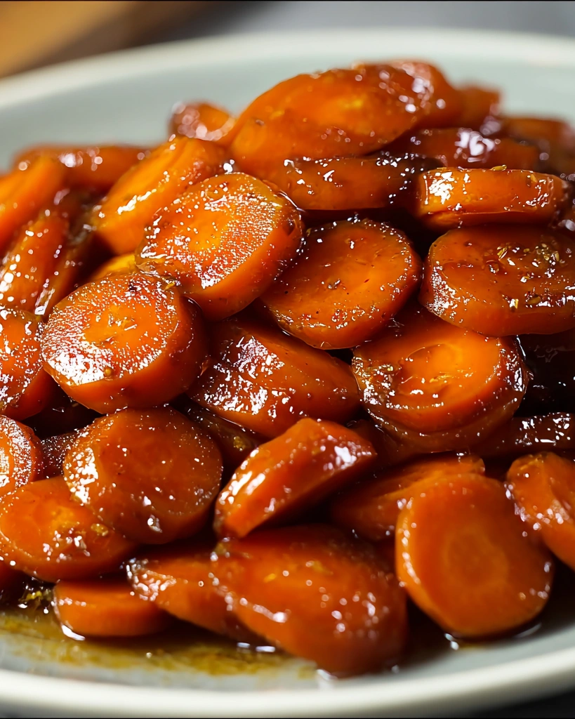 A plate of carrots with a brown glaze.