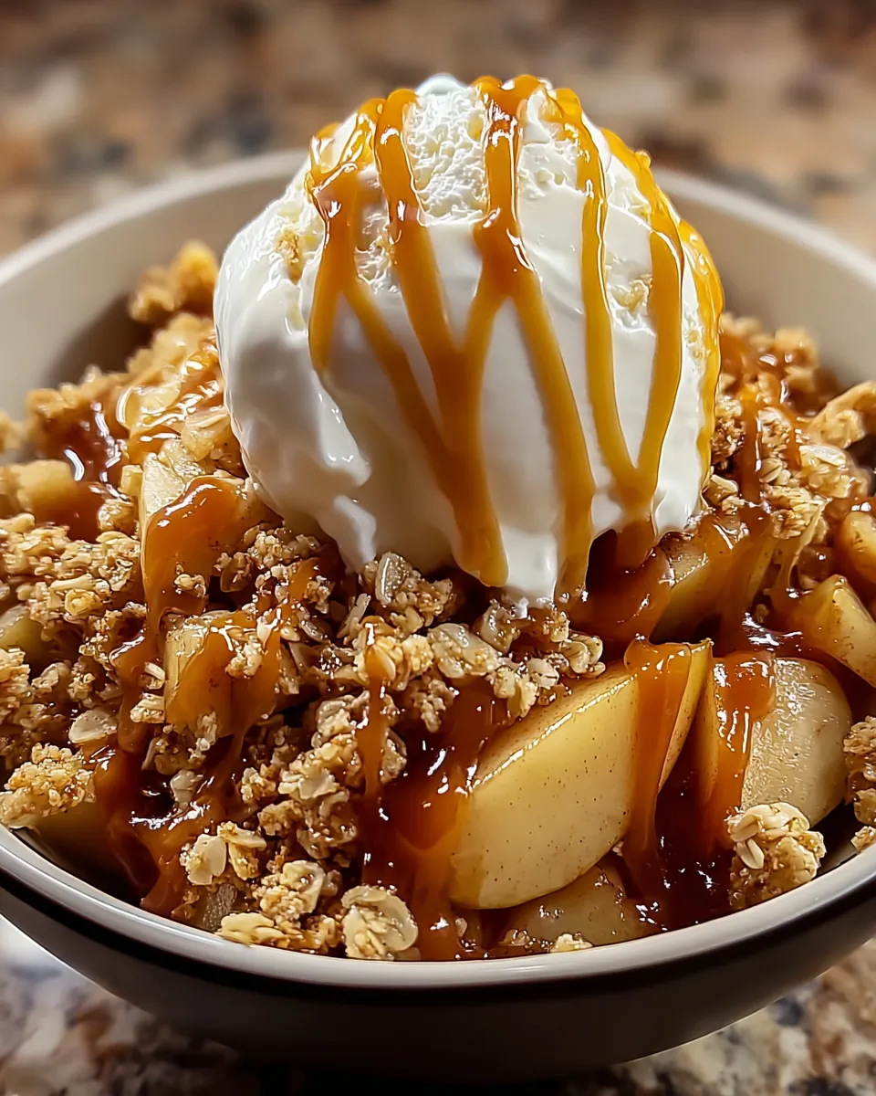 A bowl of Caramel Apple Crisp.