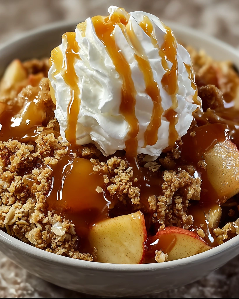 A bowl of caramel apple crisp with whipped cream on top.