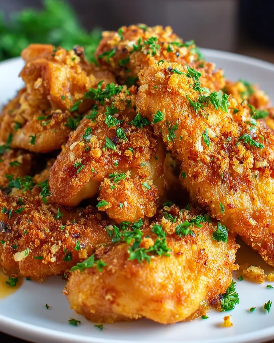 Crispy butter chicken on a white plate.