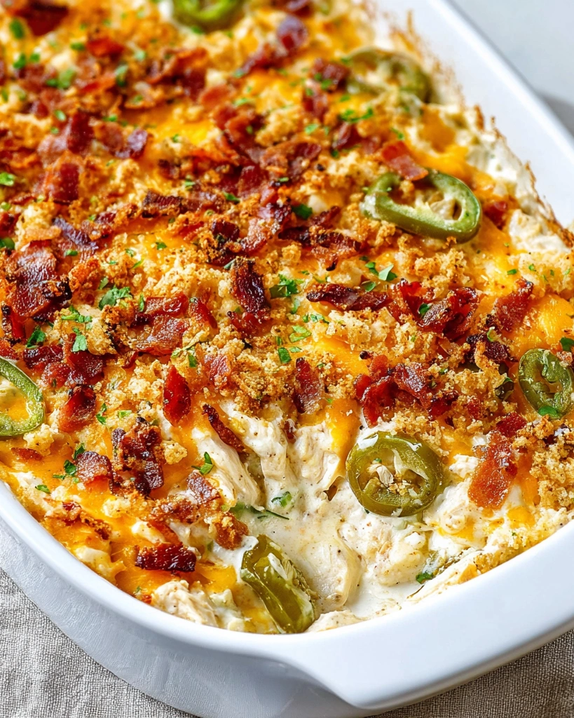 A dish of Jalapeño Popper Chicken Casserole.