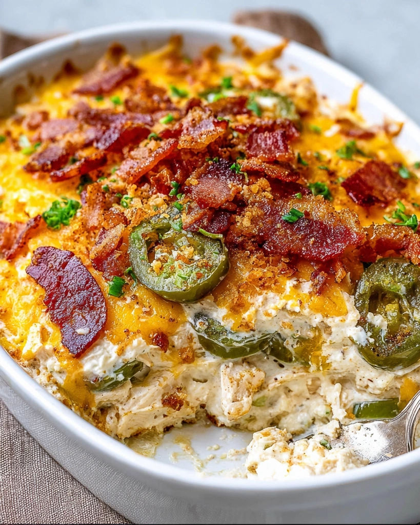 A dish of bacon and jalapeno popper chicken casserole.