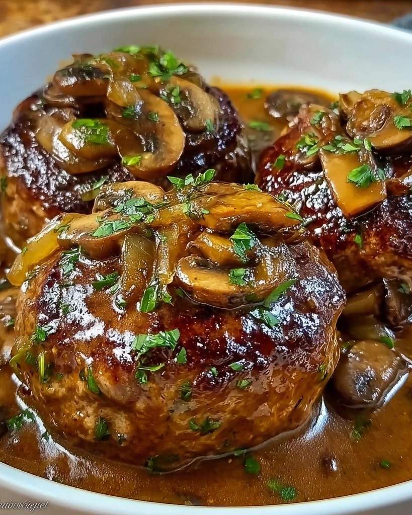 A plate of meat with mushrooms on top.