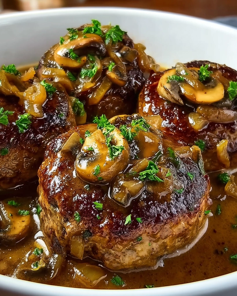 A plate of meat with mushrooms on top.