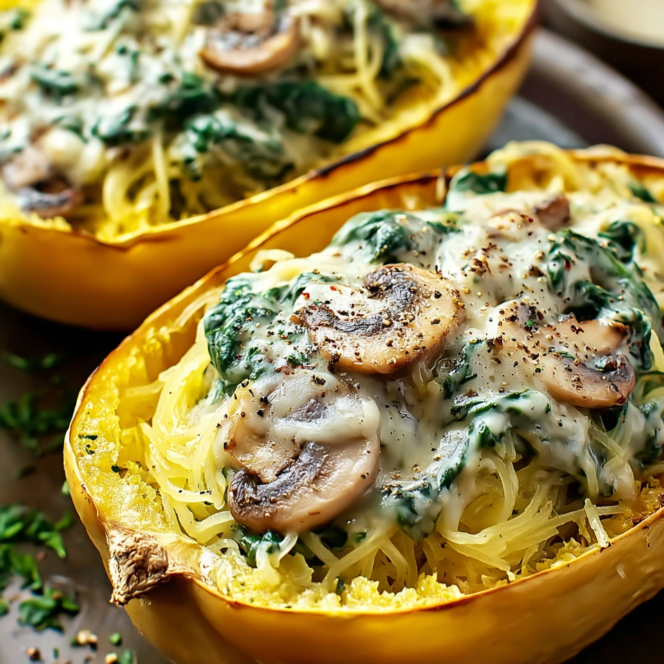 A close up of a creamy spinach and mushroom stuffed spaghetti squash.