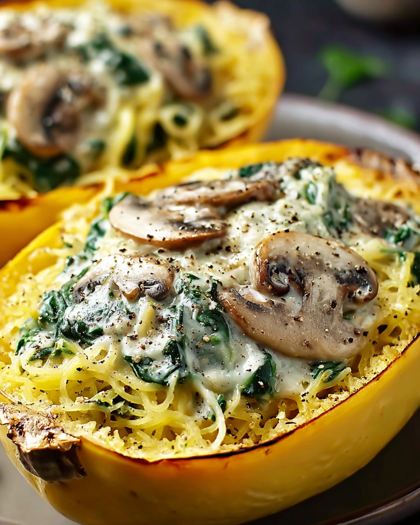 A creamy spinach and mushroom stuffed spaghetti squash.