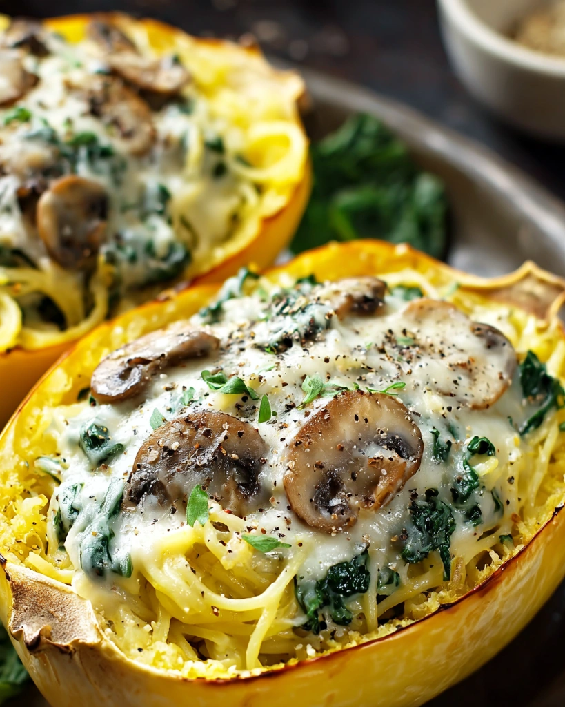 A creamy spinach and mushroom stuffed spaghetti squash.