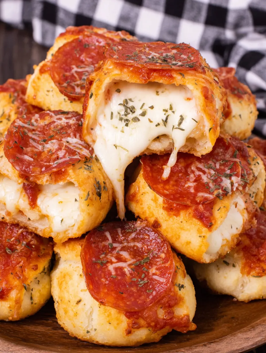 A stack of stuffed crust pizza snacks.