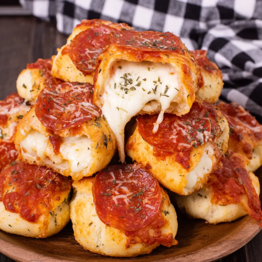 A stack of stuffed crust pizza snacks.