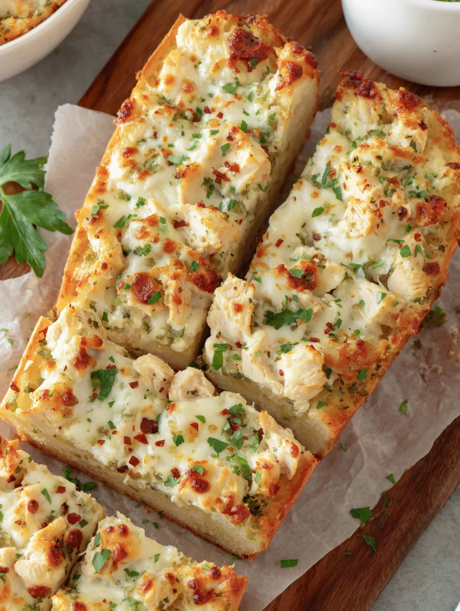 A slice of garlic bread with chicken and cheese.