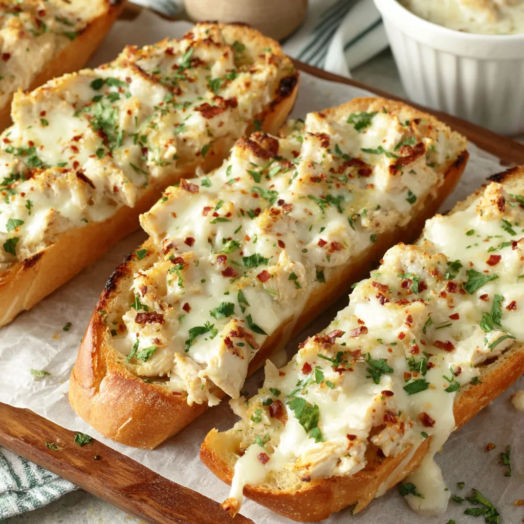 A piece of garlic bread with chicken alfredo on top.