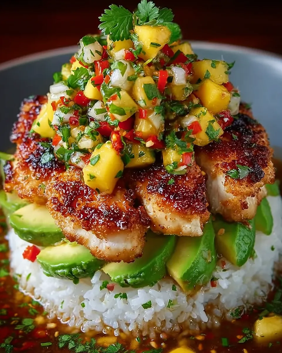 A stack of chicken, avocado, and rice with a honey lime sauce.