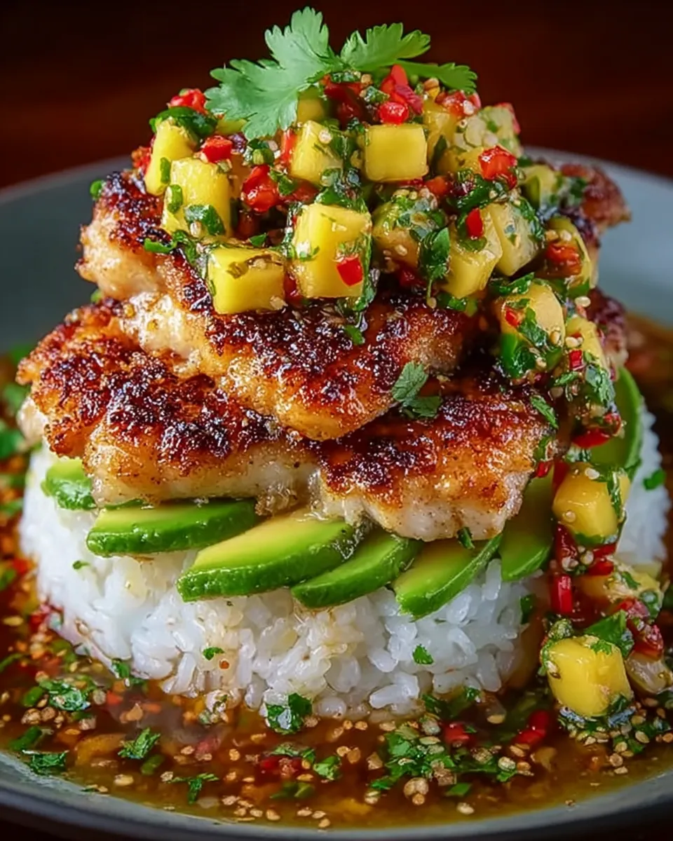 A stack of rice with chicken and avocado on top.