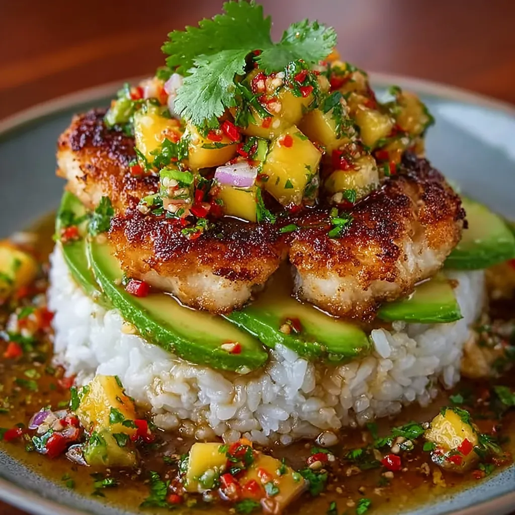 A plate of food with rice, chicken, and avocado.