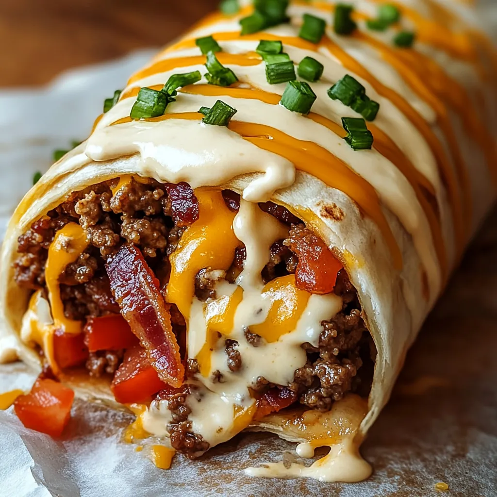 A burrito with cheese and bacon.