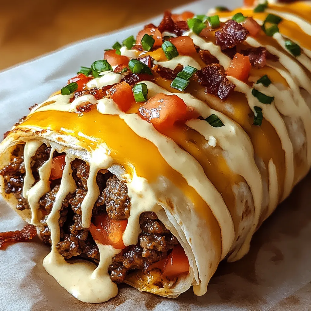 A burrito with cheese and bacon.