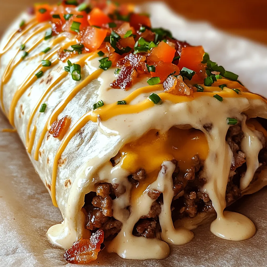 A burrito with cheese and bacon.