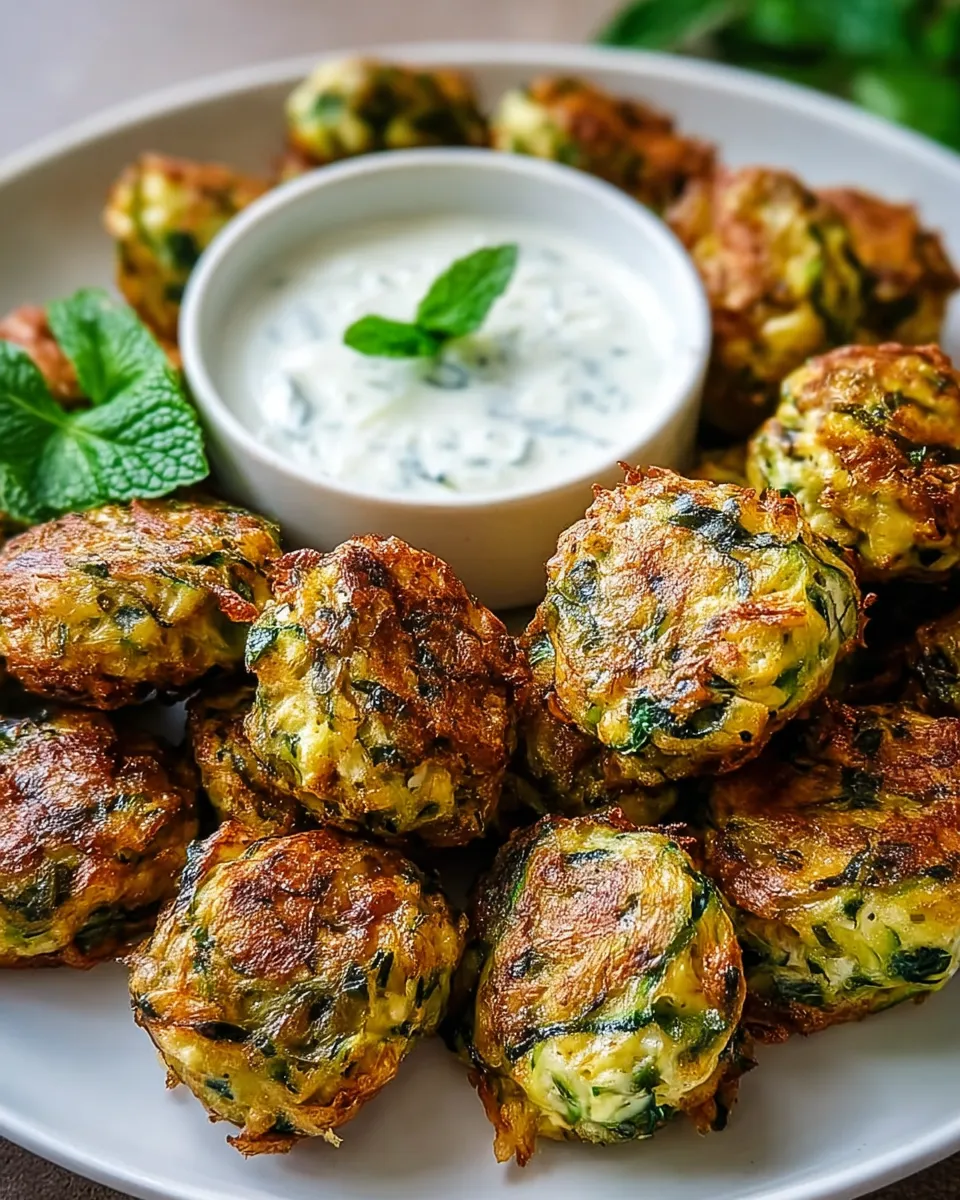 A plate of zucchini garlic bites with a bowl of dipping sauce.