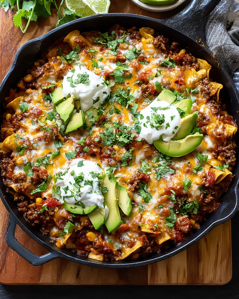 A skillet filled with beef, cheese, and avocado.