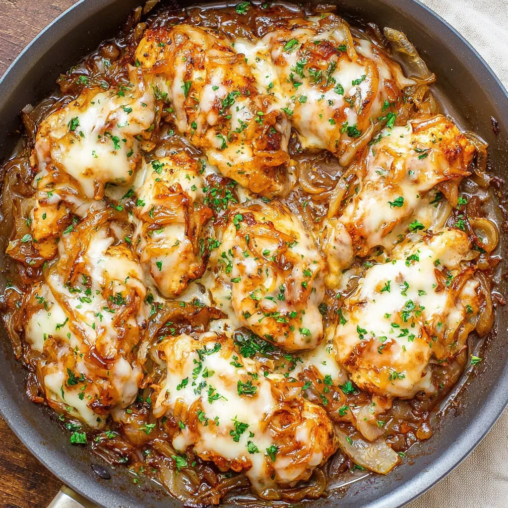 A pan of French onion chicken.