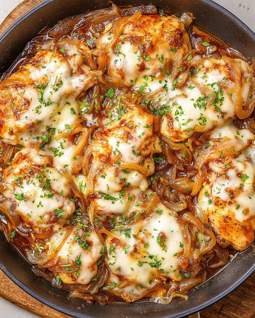 French onion chicken in a bowl.