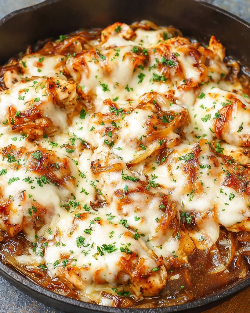 French onion chicken in a pan.