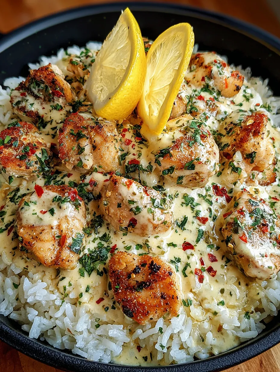 A plate of chicken scampi creamy garlic rice.