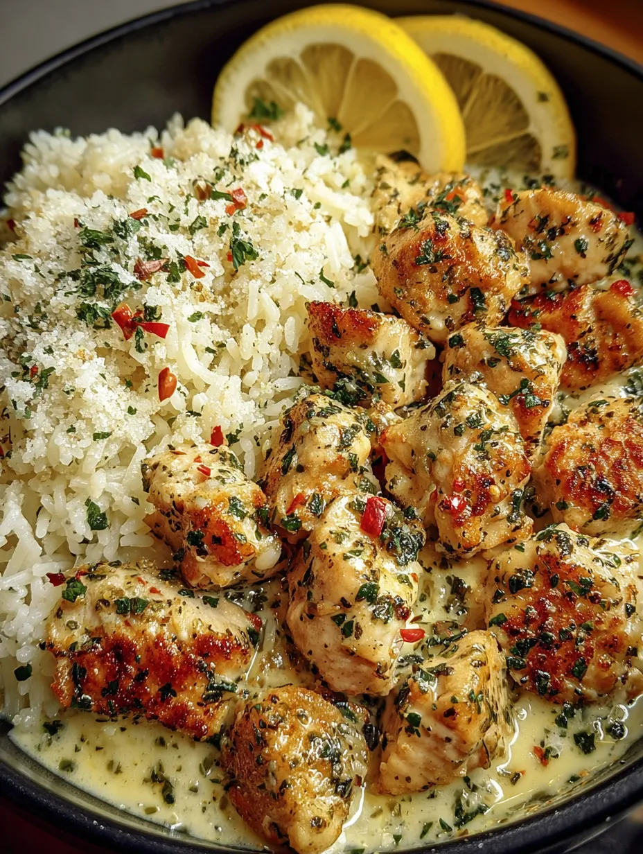 A plate of chicken scampi with creamy garlic rice.