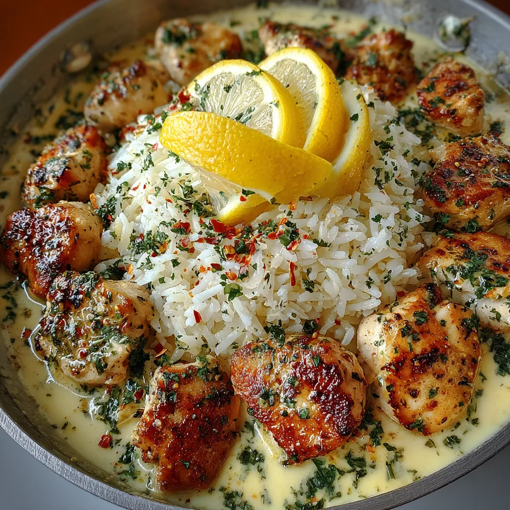 A plate of chicken scampi creamy garlic rice.